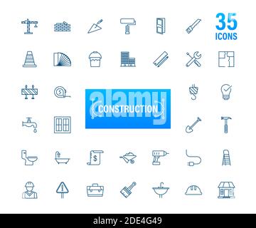 Outline web icons set. Construction and home repair tools, building. Work safety. Vector stock illustration. Stock Vector