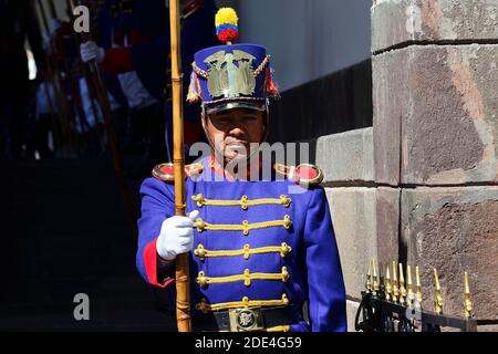 Guard in colourful uniform in front of the seat of government Palacio de Carondelet, Quito, Pichincha Province, Ecuador Stock Photo