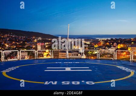 View from the helipad of the ferry Norroena to the capital in the evening, Thorshavn, Streymoy, Faroe Islands, Foroyar, Denmark Stock Photo