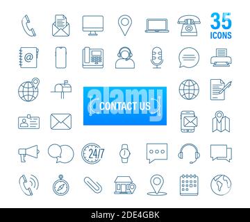 Trendy icon with contact us Thin line business icon set. for web design. Vector stock illustration. Stock Vector