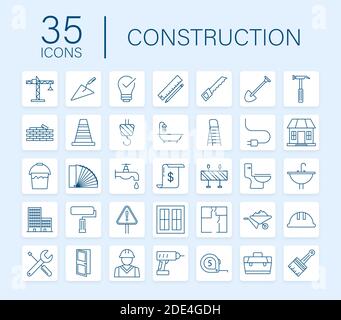 Outline web icons set. Construction and home repair tools, building. Work safety. Vector stock illustration. Stock Vector