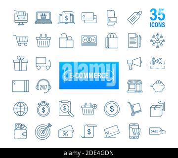 Shopping set icon for web design. E commerce. Discount coupon. Business icon. Price tag. Line vector. Vector stock illustration. Stock Vector