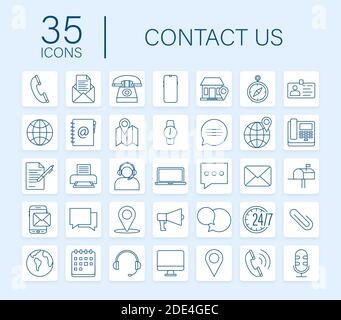 Trendy icon with contact us Thin line business icon set. for web design. Vector stock illustration. Stock Vector
