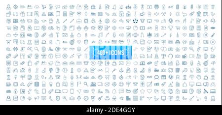 400 Line art set with icon set. Thin line. Social media, technology, seo, logistic, education, sport, medicine, travel, weather, construction, finance Stock Vector