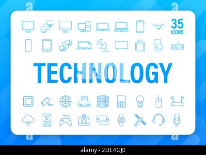 Technology icon on white background. Information technology. Digital communication. Device icon. Global network connection. Vector stock illustration. Stock Vector