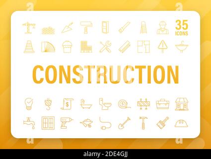 Outline web icons set. Construction and home repair tools, building. Work safety. Vector stock illustration. Stock Vector