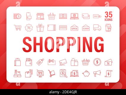 Shopping set icon for web design. E commerce. Discount coupon. Business icon. Price tag. Line vector. Vector stock illustration. Stock Vector
