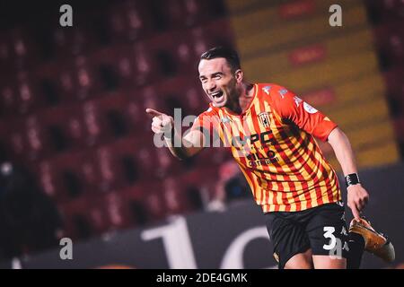 Benevento, Italy. 28th Nov, 2020. Benevento's Gaetano Letizia celebrates his goal during a Serie A soccer match between Benevento and Fc Juventus in Benevento, Italy, Nov. 28, 2020. Credit: Alberto Lingria/Xinhua/Alamy Live News Stock Photo