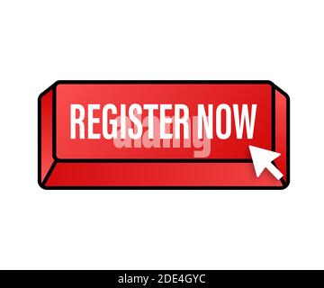 Register now with cursor button. Internet icon. Pointer click icon. Vector stock illustration. Stock Vector