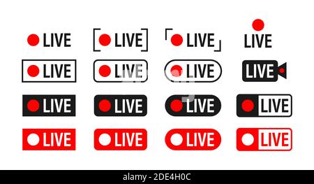 Set of live streaming icons. Broadcasting. Red symbols and buttons of live stream, online stream. Vector stock illustration. Stock Vector