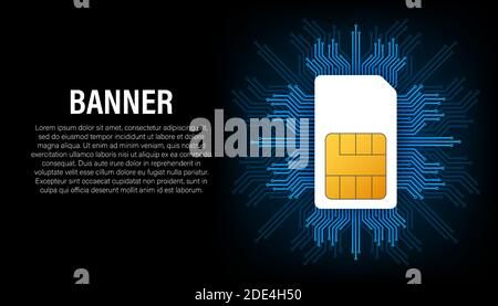 Sim card banner in abstract style on black background. Modern communication technology. Concept banner. Digital chip. Mobile phone wireless Stock Vector