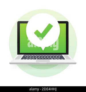 Laptop with checkmark or tick notification in bubble. Approved choice. Accept or approve checkmark. Vector illustration. Stock Vector