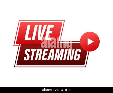 Live streaming flat logo - red vector design element with play button. Vector illustration Stock Vector