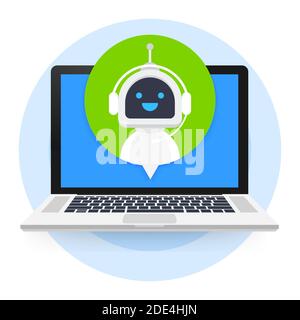 Chat Bot Using Laptop Computer, Robot Virtual Assistance Of Website Or Mobile Applications. Voice support service bot. Online support bot. Vector Stock Vector
