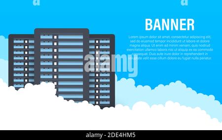 Data center. Mainframe service concept banner, server rack. Server room concept, data bank center. Vector illustration. Stock Vector
