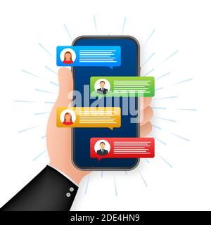 Messaging concept. Hand holding smartphone with chatting people. Chat text bubbles on phone screen. Stock Vector