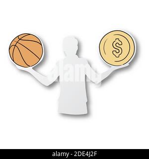 Vector illustration black line hand drawn of coin and basketball on businessman shape cut paper with shadow isolated on white background. Life balance Stock Vector