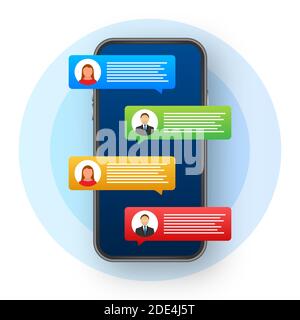 Messaging concept. Hand holding smartphone with chatting people. Chat text bubbles on phone screen. Stock Vector