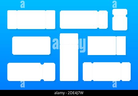 Set of blank ticket mockup template. Realistic White paper coupon isolated on grey background. Vector stock illustration. Stock Vector