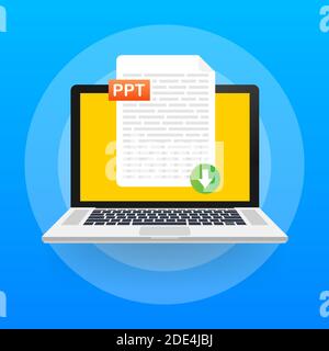 Download PPT button. Downloading document concept. File with PPT label and down arrow sign. Vector illustration Stock Vector