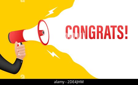 Hand holding megaphone - Congrats. Vector stock illustration. Stock Vector