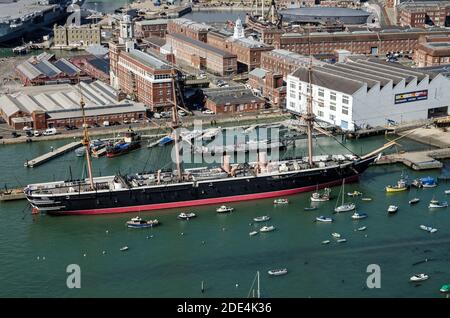 View from a high position looking down on HMS Warrior, the first iron hulled warship in the Royal Navy, on display in Portsmouth Historic Dockyard on