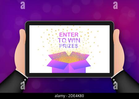 Enter to Win Prizes. Open Red Gift Box and Confetti. Vector stock Illustration. Stock Vector