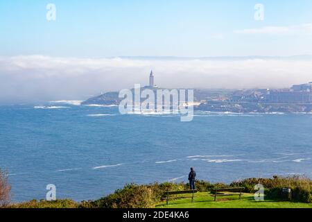 view of the estuary of A Coruña and the Tower of Hercules from Monte San Pedro in A Coruña, Spain Stock Photo