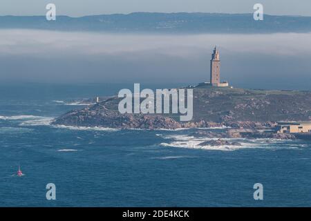 view of the estuary of A Coruña and the Tower of Hercules from Monte San Pedro in A Coruña, Spain Stock Photo