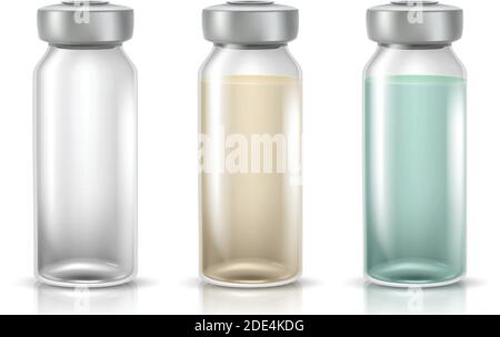 realistic vector icon illustration of medicinal glass bottles for injections or vaccines. Isolated on white background. Stock Vector