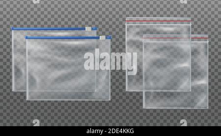 Collection of 3d realistic vector zip lock transparent bags and zip slider transparent bags. Empty mockup pouches in different sizes on transparent ba Stock Vector