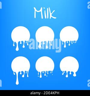 Milk splash and drops round shape top view blue background. Vector stock illustration. Stock Vector