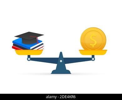 Concept of investment in education with coins books and scales. Vector stock illustration. Stock Vector