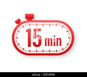 The 15 minutes, stopwatch vector icon. Stopwatch icon in flat style, timer on on color background. Vector illustration. Stock Vector