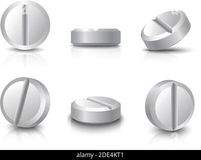 3d realistic vector collection of white pills. Isolated icon illustration on white background. Stock Vector