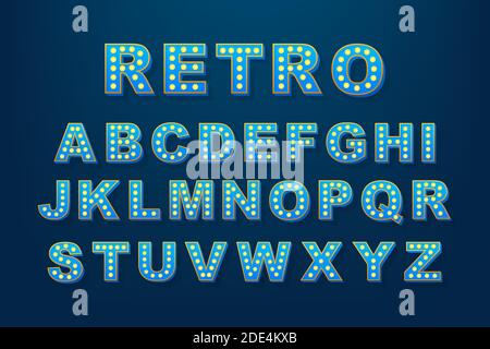 Retro light text, great design for any purposes. Vector retro light bulb alphabet. Vector stock illustration. Stock Vector