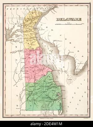 Delaware Map Circa 1824. This is an enhanced, restored reproduction of an old map of the Delaware circa 1824. It shows its three counties in color. Shows towns and geographical features. Stock Photo