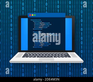 Vector laptop coding concept. Web developer, design, programming. Laptop screen code. Vector illustration. Stock Vector