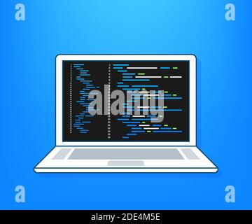 Vector laptop coding concept. Web developer, design, programming. Laptop screen code. Vector illustration. Stock Vector