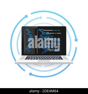 Vector laptop coding concept. Web developer, design, programming. Laptop screen code. Vector illustration. Stock Vector