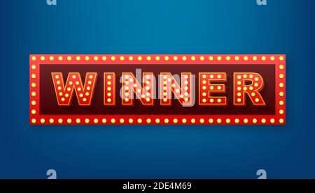 The winner retro banner with glowing lamps. Poker, cards, roulette and lottery. Vector stock illustration. Stock Vector