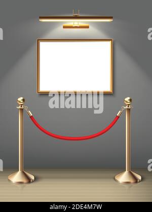 3d realistic vector exhibition museum mock up painting on the wall in horizontal positioning with spot light and red barrier. Blank space for you desi Stock Vector