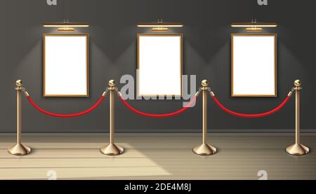 3d realistic vector exhibition museum mock up paintings in vertical positioning on the wall with spot light and red barrier. Blank space for you desig Stock Vector