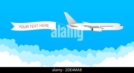 Airplane banner in flat style. Speed airplane aircraft jet with advertising banner ribbon in the cloudy sky. Vector stock illustration. Stock Vector