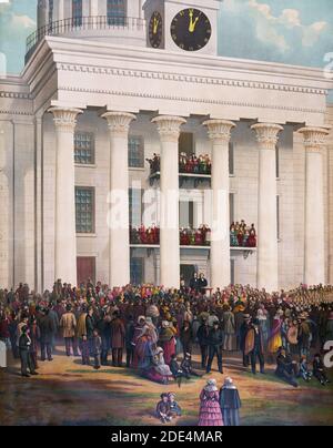 Print shows a crowd gathered in front of the capitol building at Montgomery, Alabama, at the time of the announcement of Jefferson Davis as the first President of the Confederate States of America; also shown with Davis are 'Alex. H. Stephens, Vice-President, Wm. L. Yancey, Leader of the Secession Party, [and] Howell Cobb, President of the Senate.' Stock Photo