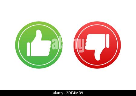 Flat green button on red background. Ok sign. Trumb up, great design for any purposes. Social media concept. Vector stock illustration. Stock Vector