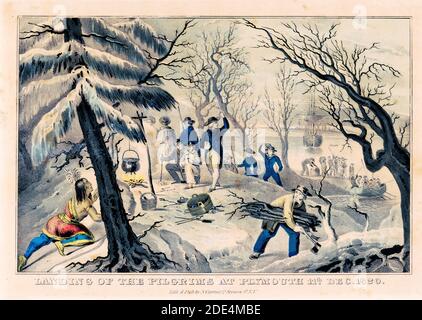 Print shows a Native man, hiding on the left, watching the Pilgrims around a campfire with small cauldron; a man with hatchet is gathering firewood and more Pilgrims are coming ashore from the Mayflower, in a winter scene with snow-covered landscape. Stock Photo