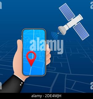 The satellite. Artificial satellites orbiting the planet Earth, GPS. Vector stock illustration. Stock Vector