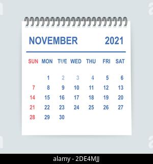 November 2021 Calendar Leaf. Calendar 2021 in flat style. Vector illustration. Stock Vector