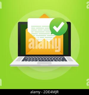 Opened envelope and document with green check mark. Verification email. Vector illustration. Stock Vector